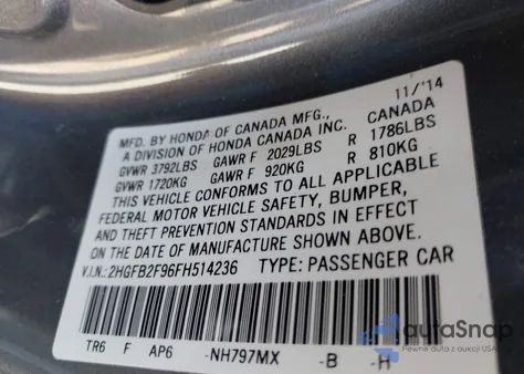 2015 Honda Civic Ex-L z USA, uszkodzony, nr VIN 2HGFB2F96FH514236